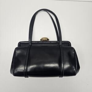 Vtg Mam'Selle Leather Black Top Handle Handbag Structured Kiss Lock MCM Purse